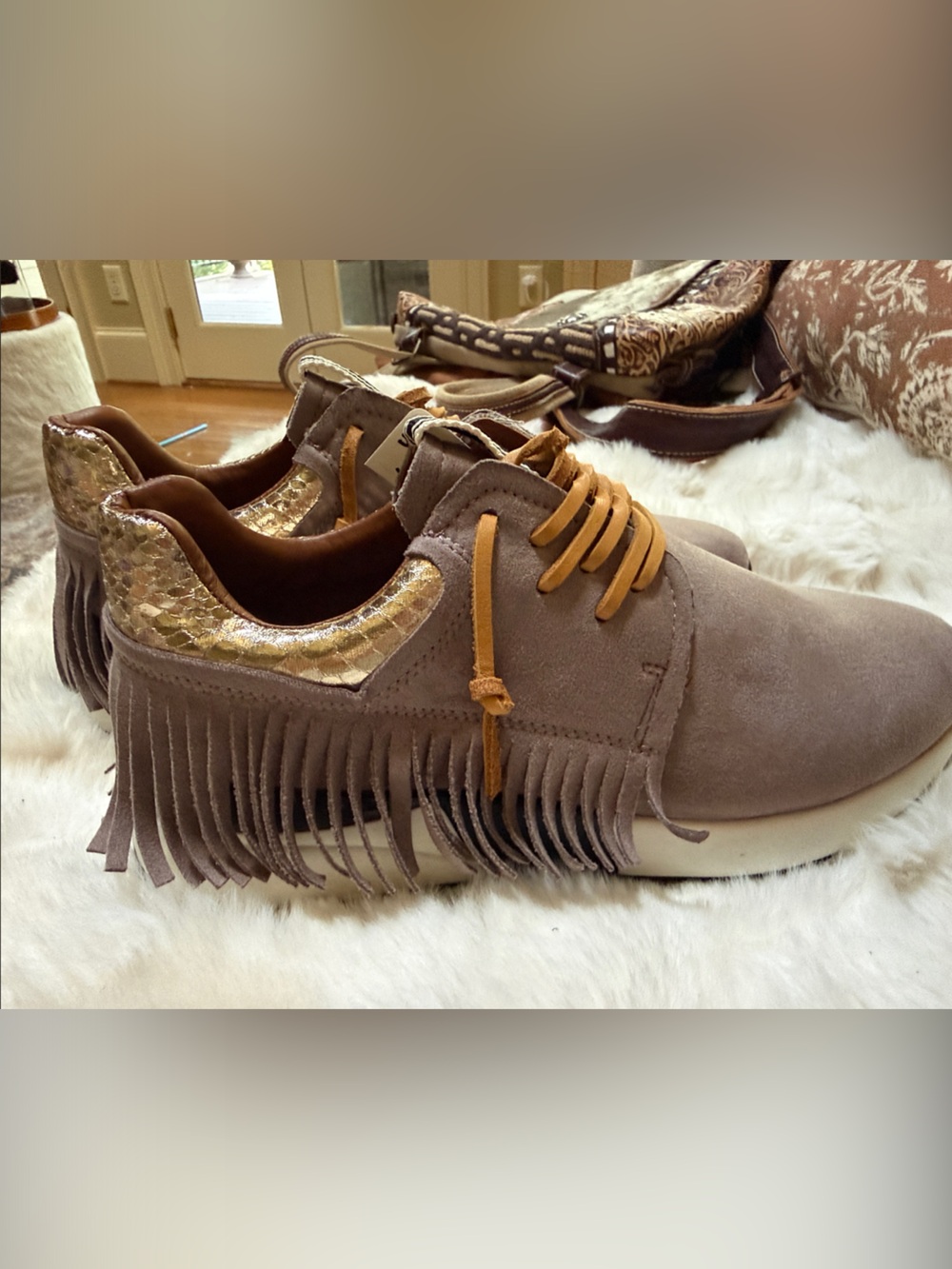 ShuShop Taupe Suede Fringe Sneakers with Gold Accent